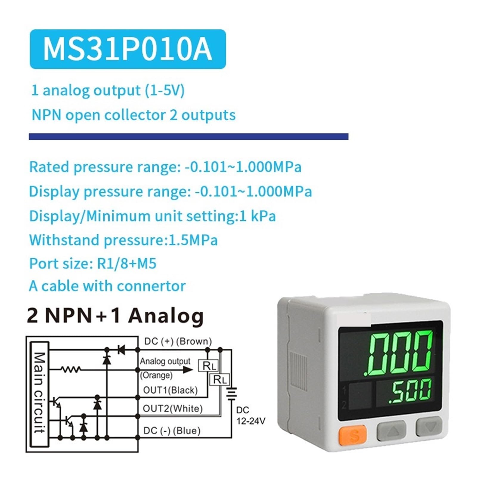 Ciśnieniomierz, MS31 Cyfrowy wyświetlacz Przełącznik ciśnieniowy NPN PNP Napięcie 1-5V Prąd 4-20mA Elektroniczny manometr Ciśnienie podciśnienia Wyjście analogowe(MS31P010A)