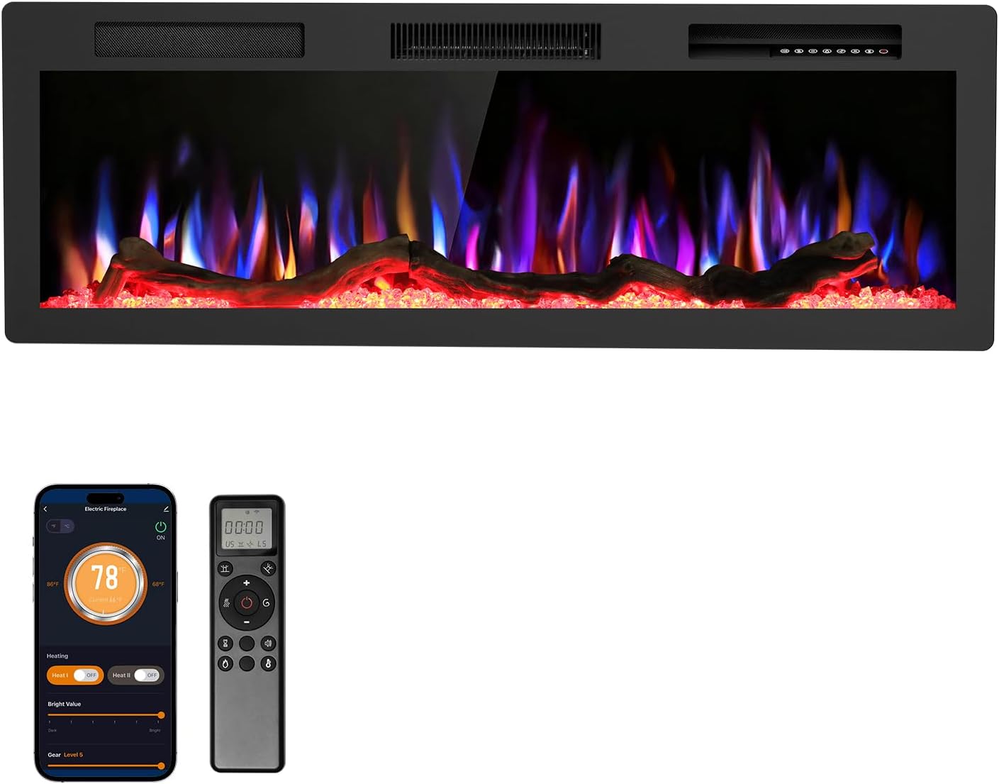 R.W.FLAME 50" Recessed and Wall Mounted Smart Electric Fireplace, Alexa/WiFi Enabled, APP Control with Multiple Sound Modes, Remote Control with Timer, Adjustable Flame Colors and Speed