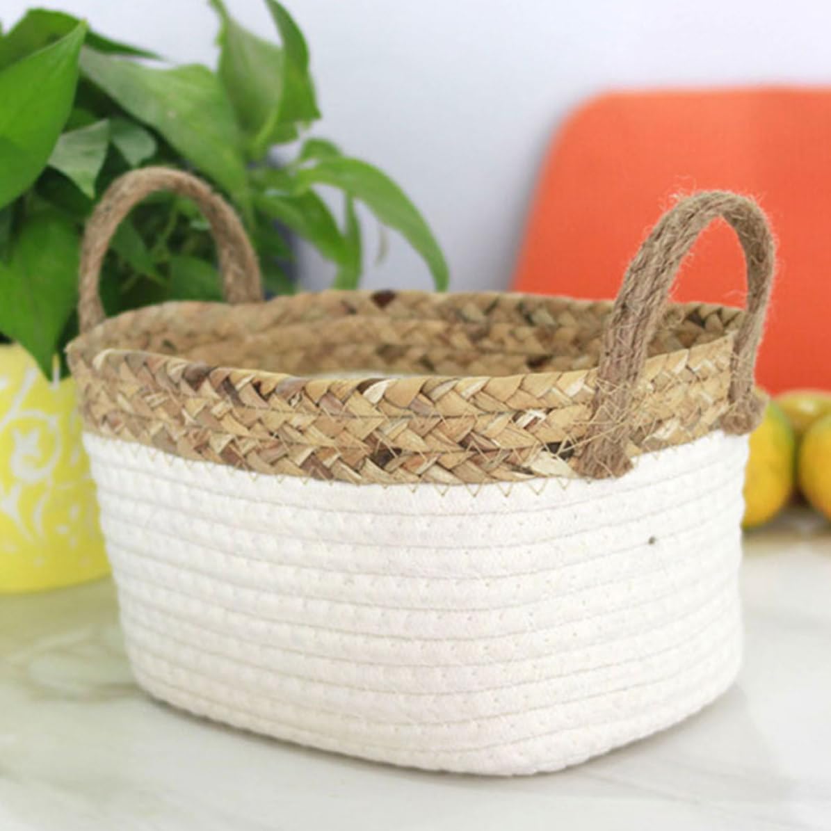 Cotton Rope Basket with Handles for Snacks and Towels, Home Organizer