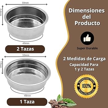 2 Filtros PRESURIZADOS de 1 y 2 Tazas de Acero Inoxidable (51mm). Compatibles con Cafeteras Cecotec Ufesa Delonghi Breville y más. Cesta de Filtro de café Doble Capa Especial Espresso-RM Pro®1