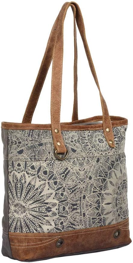 Boho Lace Print Upcycled Canvas and Genuine Leather Tote Bag - Image 2