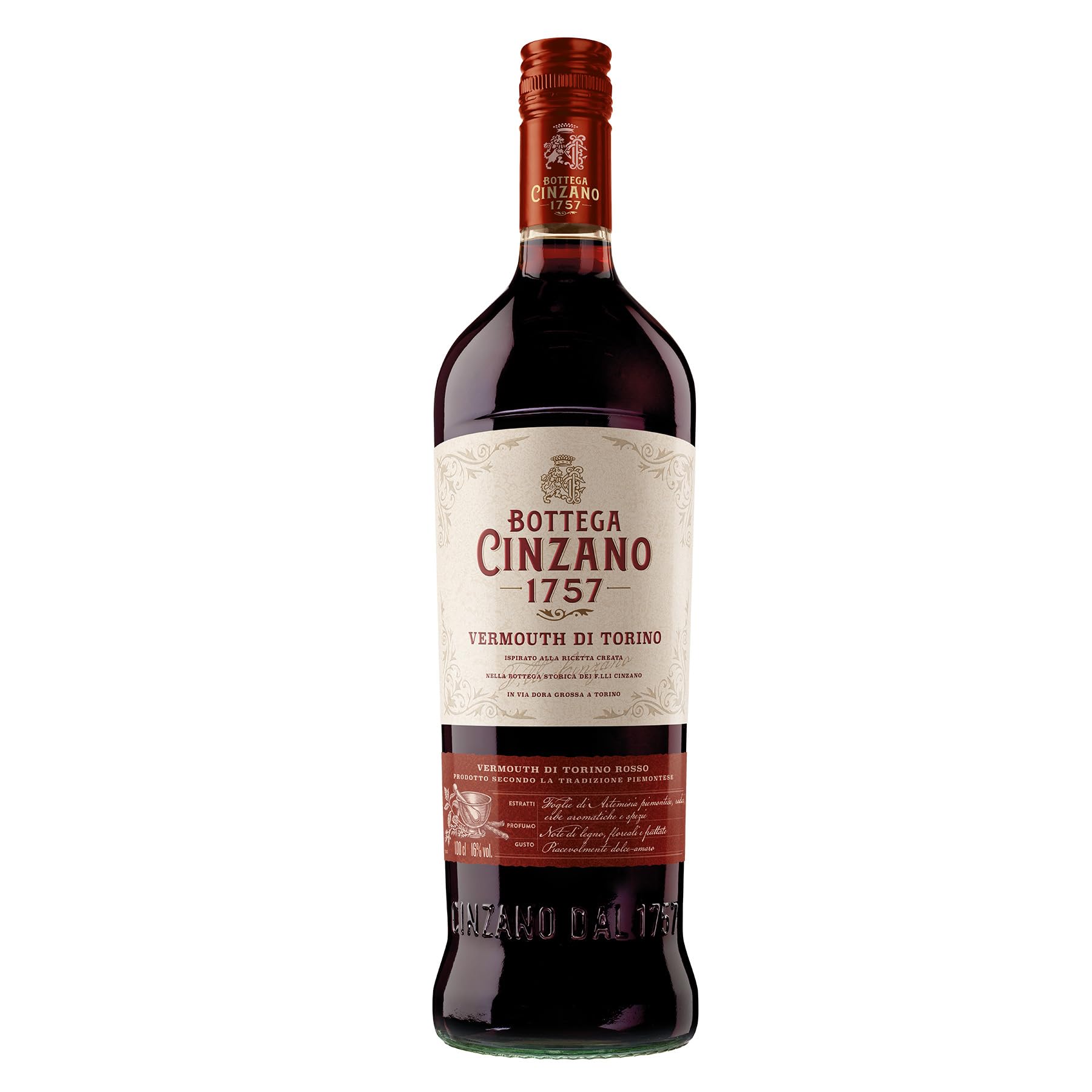 Bottega Cinzano 1757 - Cinzano Vermouth Rosso - italienischer Premium-Vermouth, hergestellt mit Kräutern aus Piemont – ideal für Cocktails, 16% (1 x 1l)