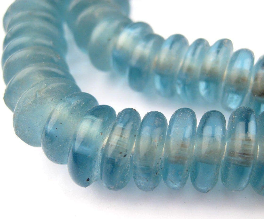 The Bead Chest African Disk Recycled Glass Beads - Full Strand of Eco-Friendly Ghanaian Rondelle Beads (Light Blue)