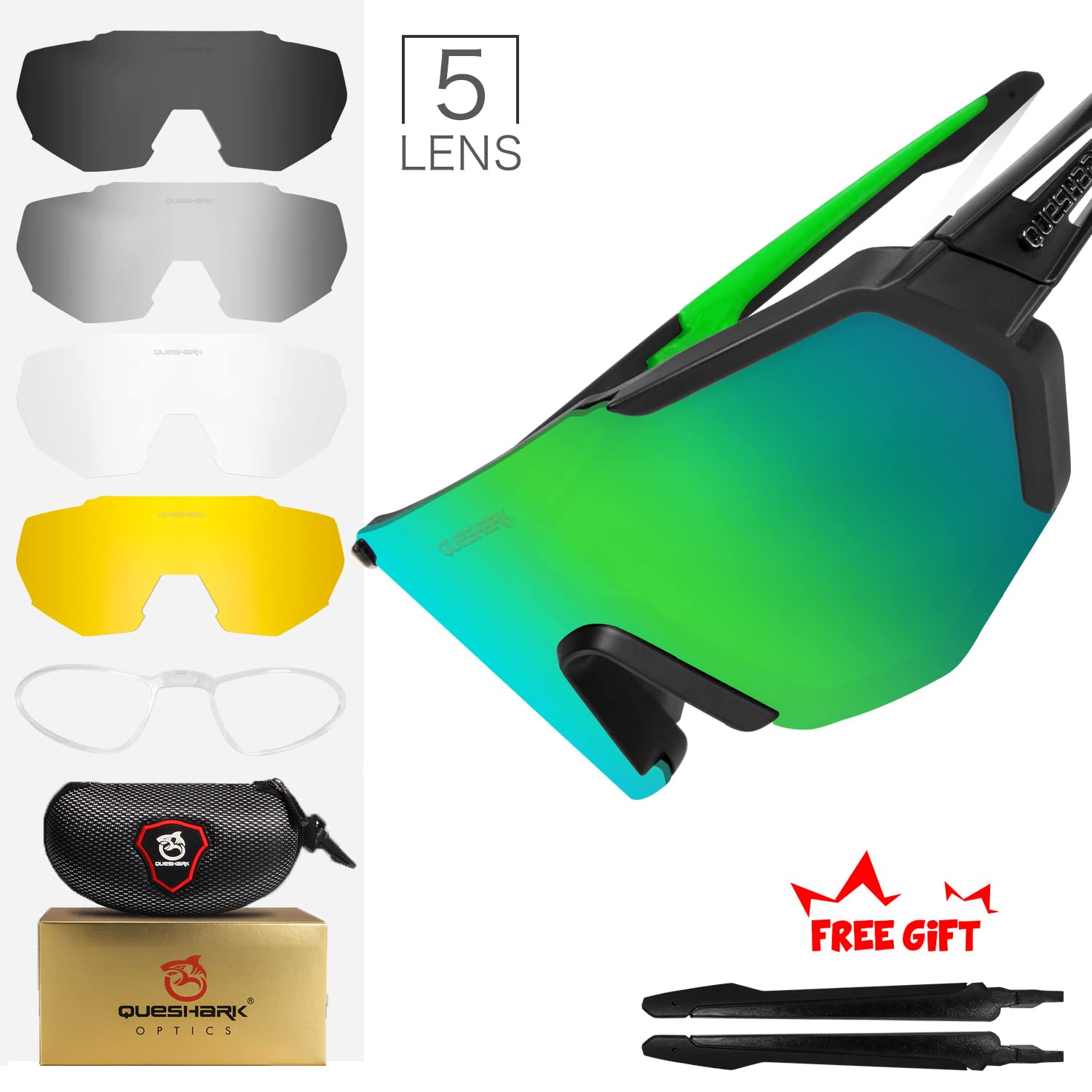 Queshark Polarizzati Anti-UV con 3 o 5 Lenti Occhiali da Ciclismo Bici MTB Intercambiabili per Sport Uomo Donna Guida Pesca Golf Baseball Corsa