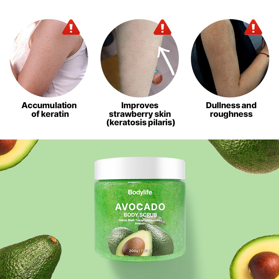 Avocado Body Scrub Exfoliating Sugar Scrub for Body Moisturizing Body Polish Dead Skin Remover Hydrating Shower Bath Body Exfoliator Smooth Soft Skin 10.58 oz