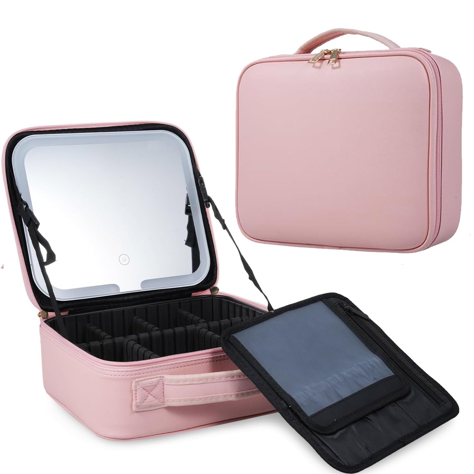 Layhou Bolsa de Maquillaje de Viaje con Espejo y Luz LED, Maquillaje Neceser Portátil, Organizador de Maquillaje 3 Modos de Color Brillo Ajustable, Maleta de Makeup Profesional con Divisiones Extraíbles