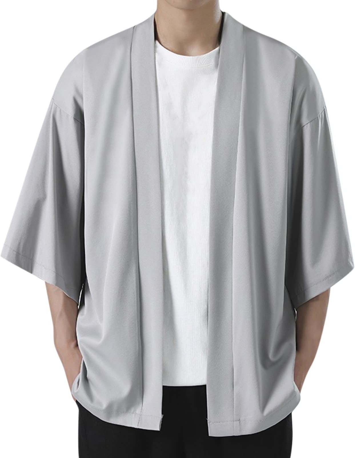 Men Long Sleeve Shirt Solid Kimono Half Sleeve Elegant Off Shoulder Loose Soft Cardigan Shirt Top Available for Big Tall Grey