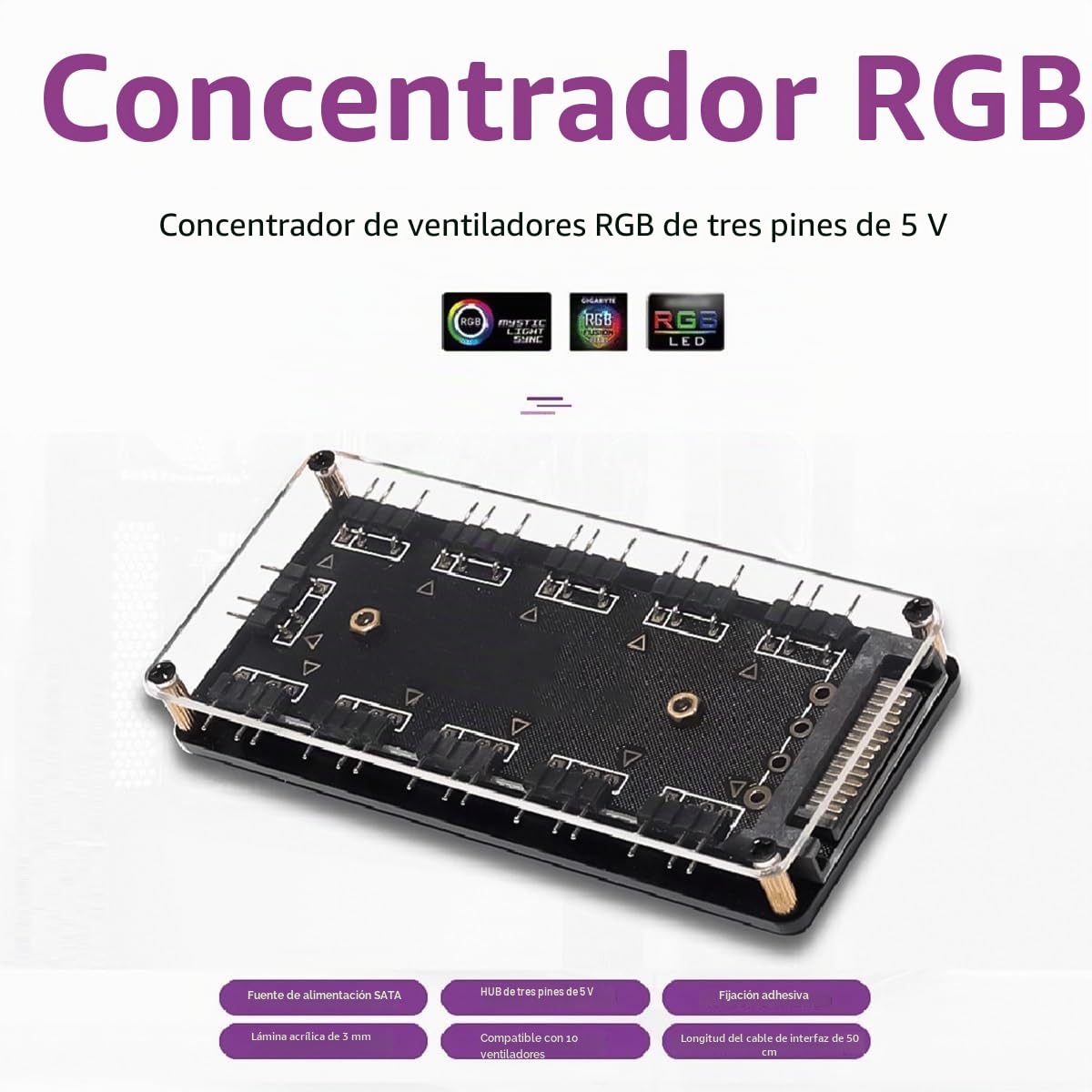 DollaTek Hub de ventilador de PC de 5 V y 3 pines RGB de 10 puertos con cable de extensión de 3 pines para tiras de luz LED RGB