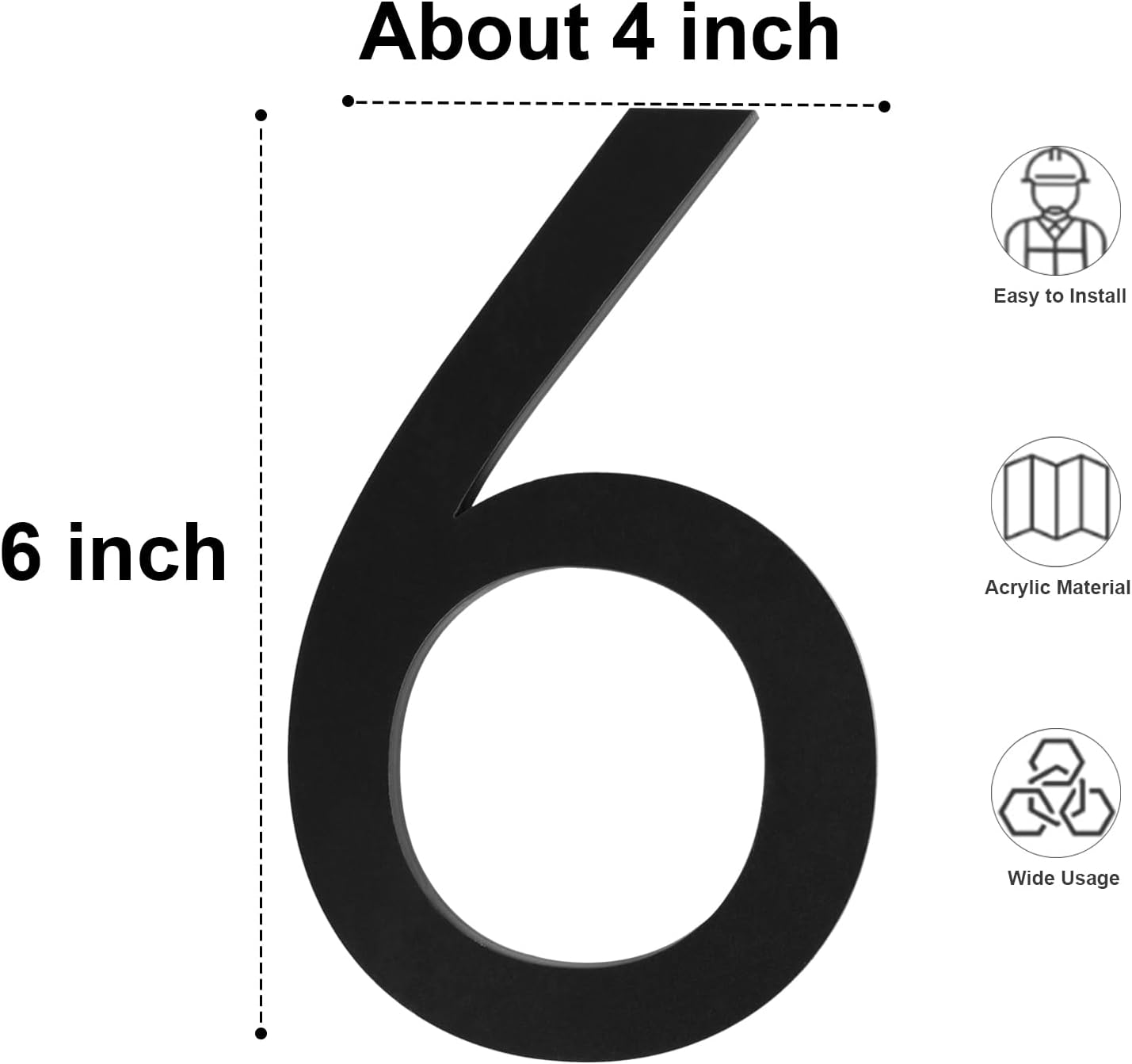 6 Inch Black House Numbers 6, Easy Install Matte Black Acrylic Mailbox Numbers, Address Signs for Exterior Doors, Apartments, Farmhouses, Hotels
