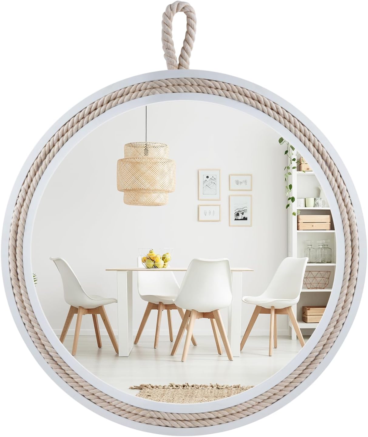 Nautical Round Wall Mirror with Rope 20'' White Circle Hanging Mirror Nursery Coastal Beachy Wall Mirror Decorative Mirror for Bathroom,Livingroom,Entryway-Nautical Theme Décor 50cm round