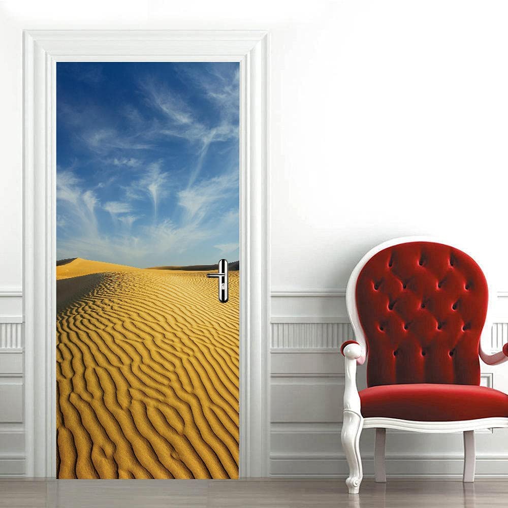 GSKBDQ 3D Effet Stickers Porte Interieure Trompe L'Oeil Paysage De Route Du Désert Autocollant De Porte Auto-Adhésif Poster Mural Salon Cuisine Chambre Salle De Bain Papier Décoration 77X200Cm