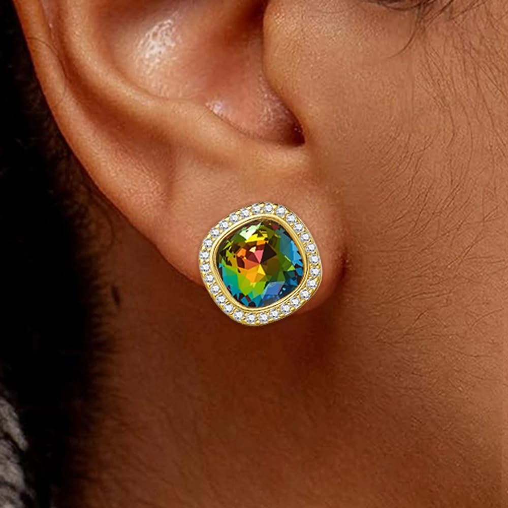 EVEVIC Austrian Crystal Halo Square Stud Earrings for Women 14K Gold Plated Birthstone Earring Hypoallergenic Jewelry Gifts - Image 2