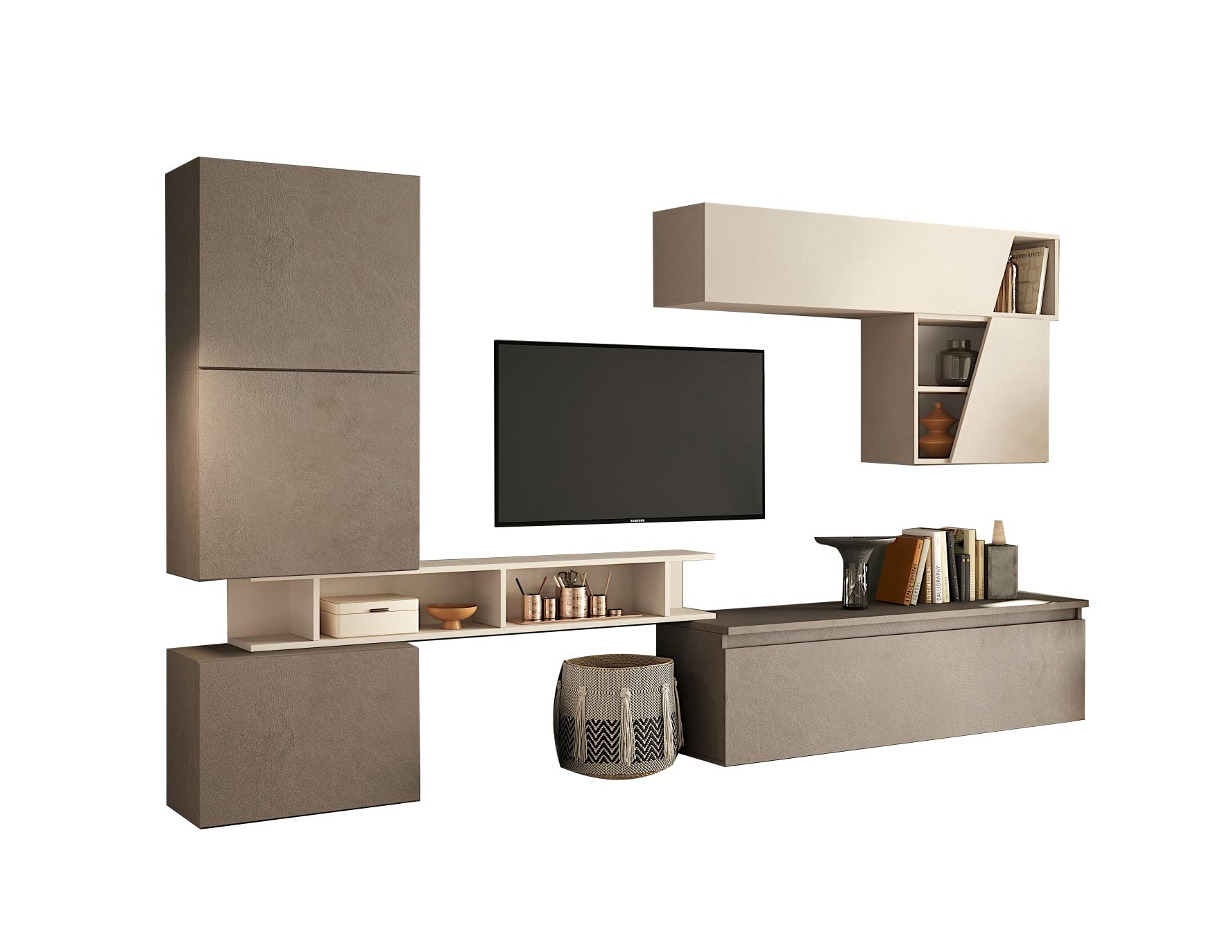 Parete Attrezzata Soggiorno Design Moderno 285x200 cm Composto da 3 Pensili a Cubo 1 Pensile Orizzontale Mobile Porta TV Bronzo e Beige PAL75