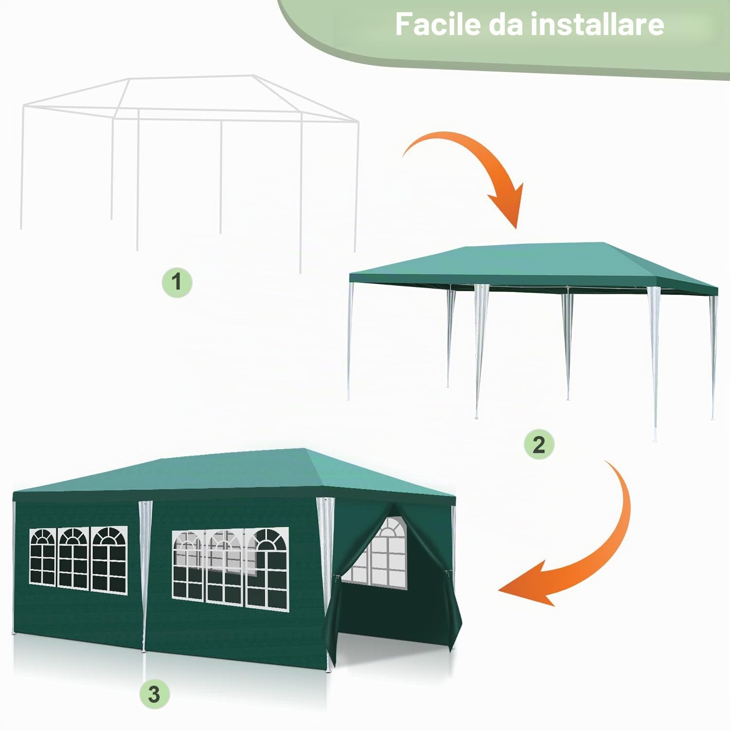 Sonnewelt Gazebo da giardino, 3 x 6 m, impermeabile, in PE di alta qualità, resistente ai raggi UV, 100 g/m², con 6 lati di colore verde