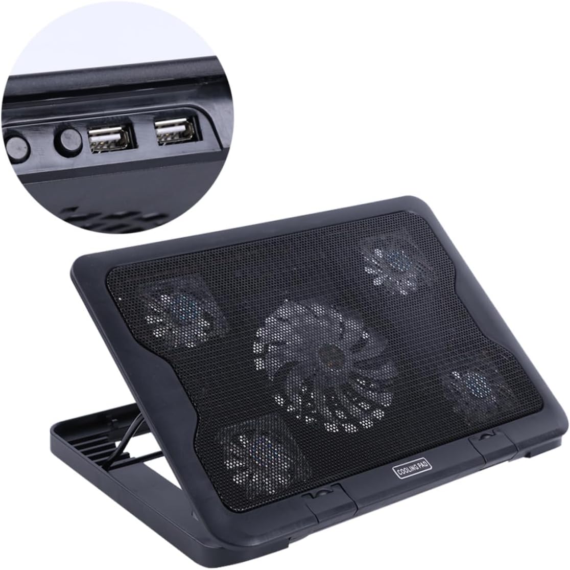 USB Laptop Cooling Pad with 5 Fans Cooler Base, Adjustable Multi-Angle Heatsink Stand for Gaming and Office Laptops, Black Non-Slip Cooling Device