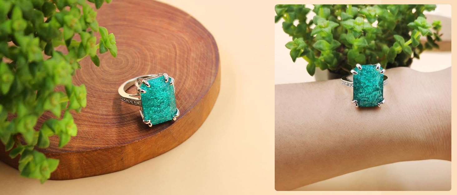 Uloveido 0.5"*0.7" Rectangle Stone Halo Index Finger Anniversary Rings for Women, Green Cubic Zirconia Imitated Paraiba Tourmaline Ring - Image 8