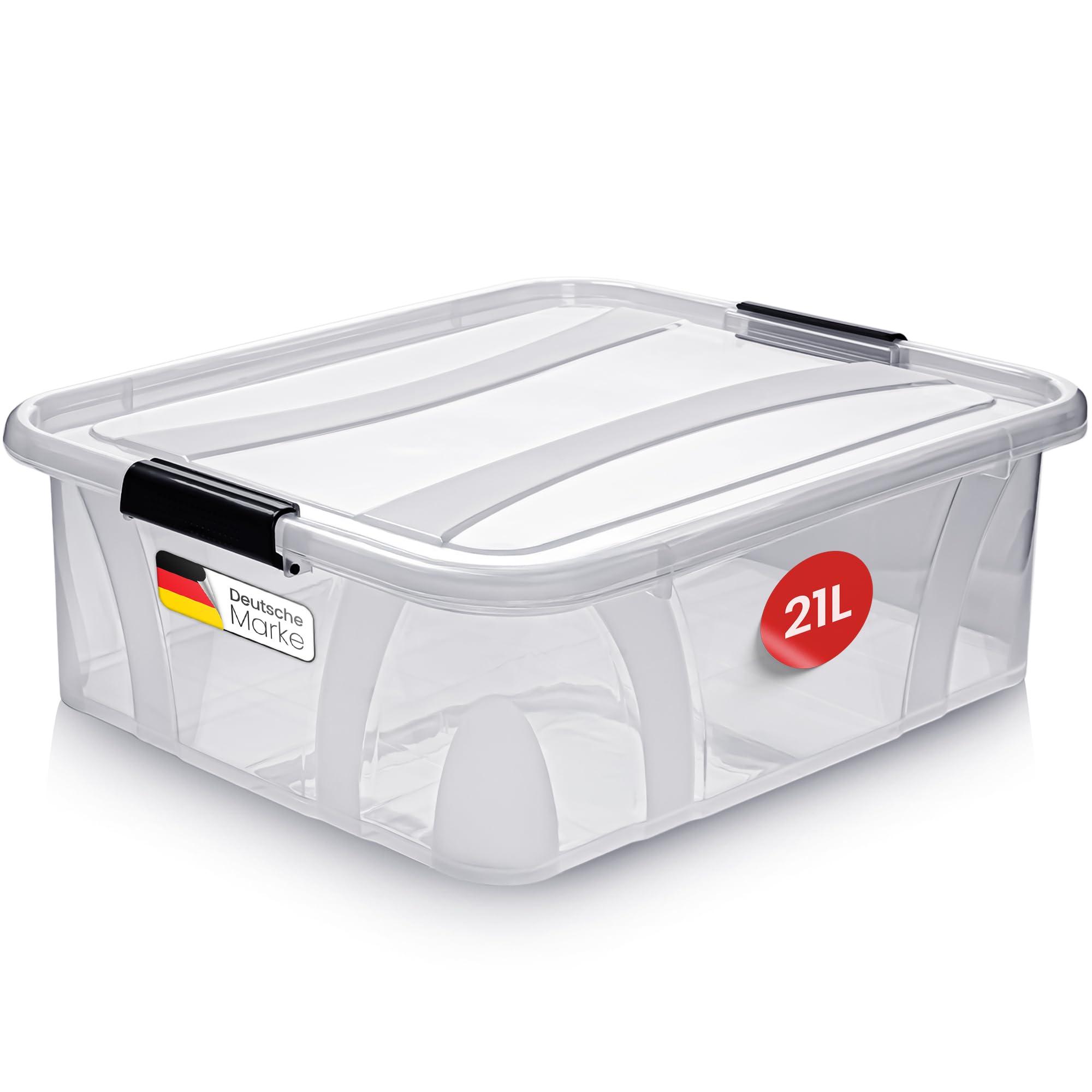 KONZEPT Aufbewahrungsbox 21 L mit Deckel – transparente Kunststoffbox, stapelbar, BPA-frei, verstärkter Boden, robuste Verschlussclips – ideal für Küche & Haushalt