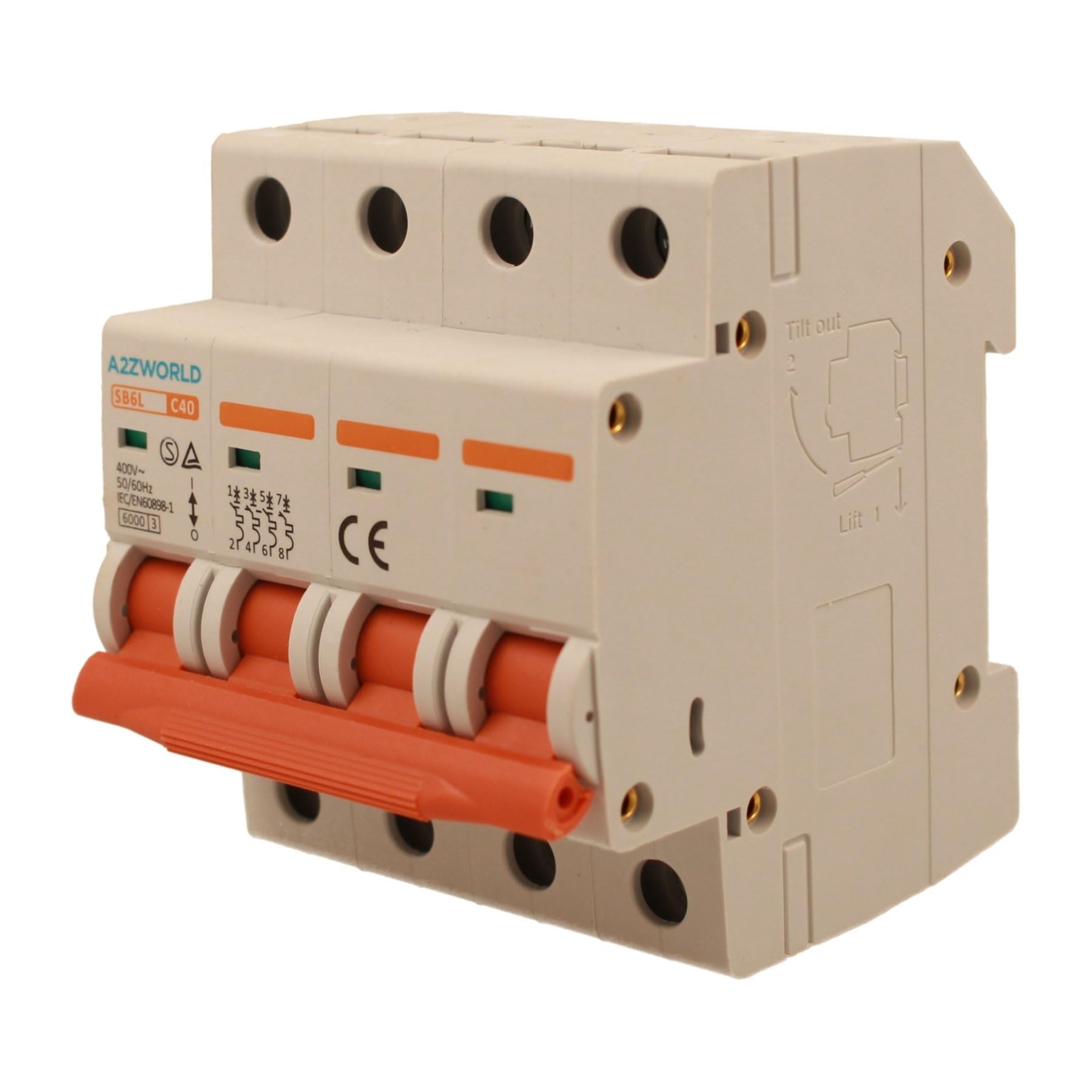 Interrupteur magnétothermique triphasé 4P 40A C40, courbe C 6kA, 4 modules DIN 380 V AC, certifié IEC60898-1, série SB6L