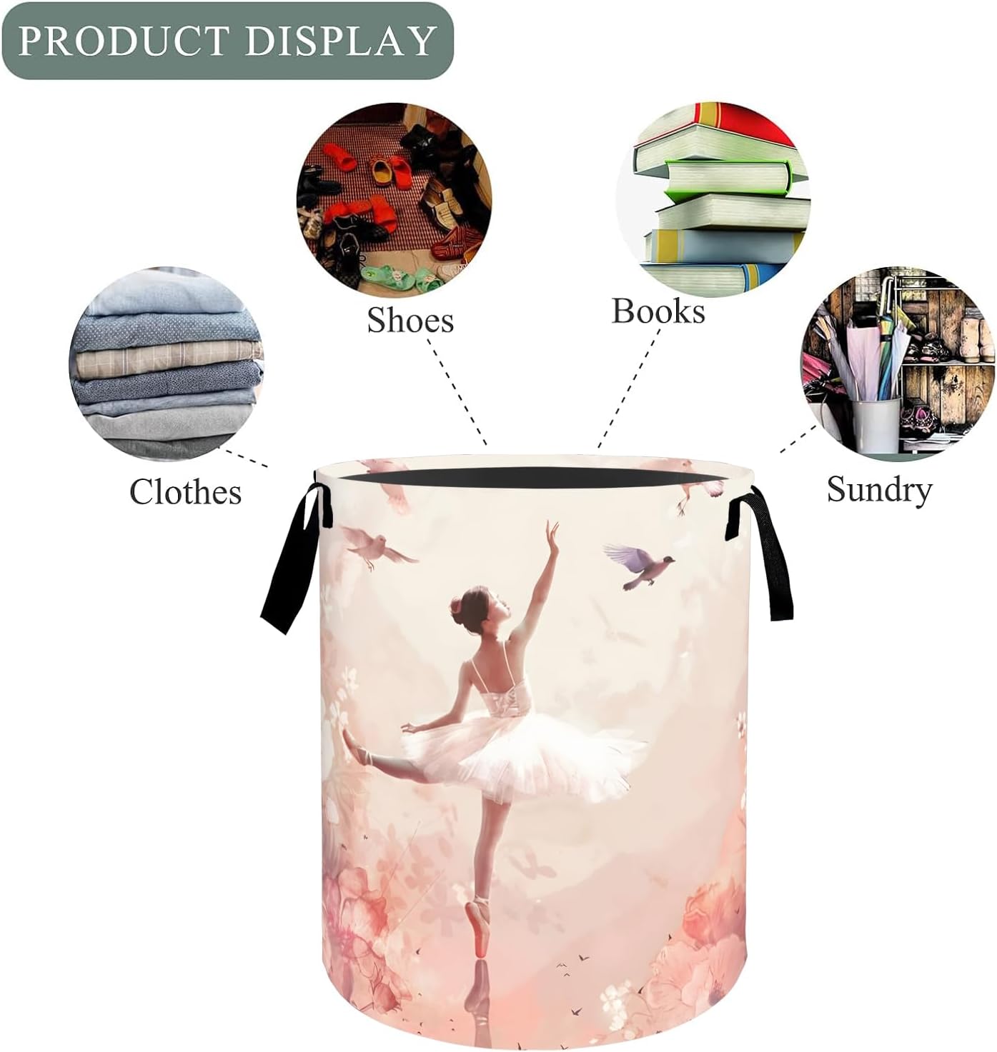 Ballerina Laundry Basket Hamper, Organizer Bins Gifts for Women Kids, Ballet Dancer Foldable Waterproof Clothes Hamper Handles Storage Bucket for Bedroom Bathroom Room Decor 19.7"x15.7" image 3