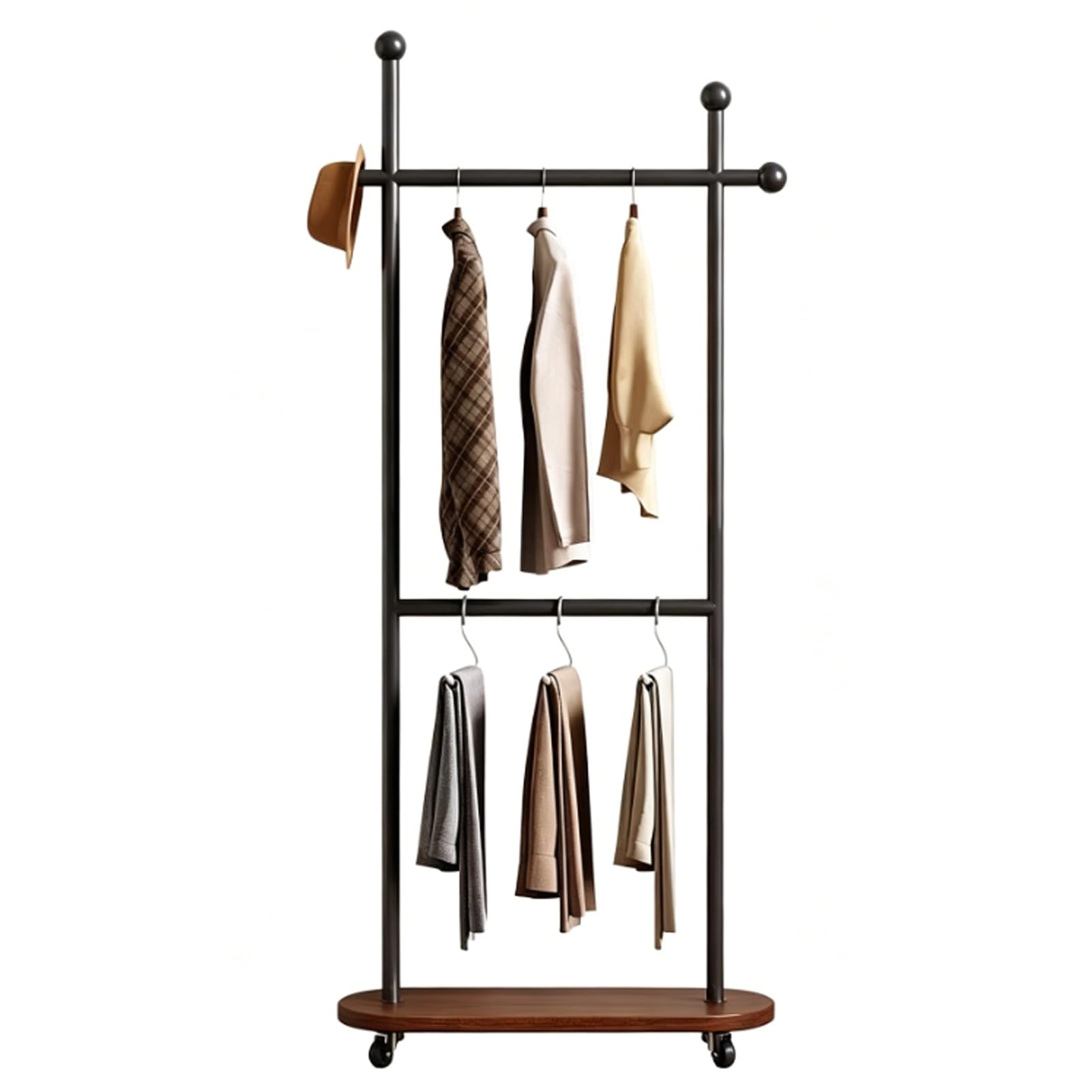 YAOHY Coat Rack Freestanding Clothing Rack with Wheels, Double-pole Clothing Racks with Storage Shelves for Corner Bedroom Hallway Entryway Living Room Hotel(Black,31.4in/80cm,Style2)