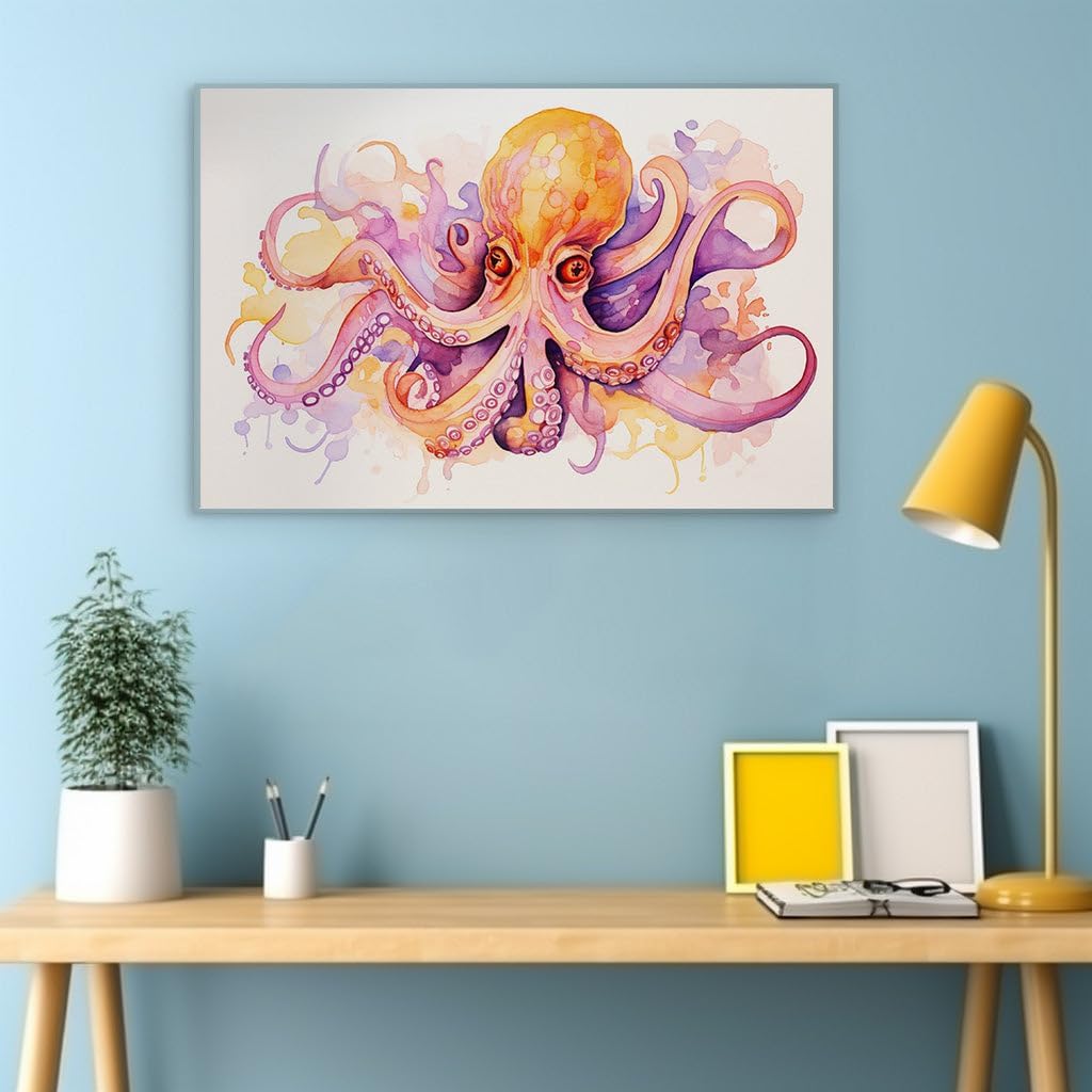Canvas for Living room. Embracing the Mysterious Depths: The Octopus in Orange and Purple Hues, 27 x 18 inch Canvas Wall Art - Modern Home Decor
