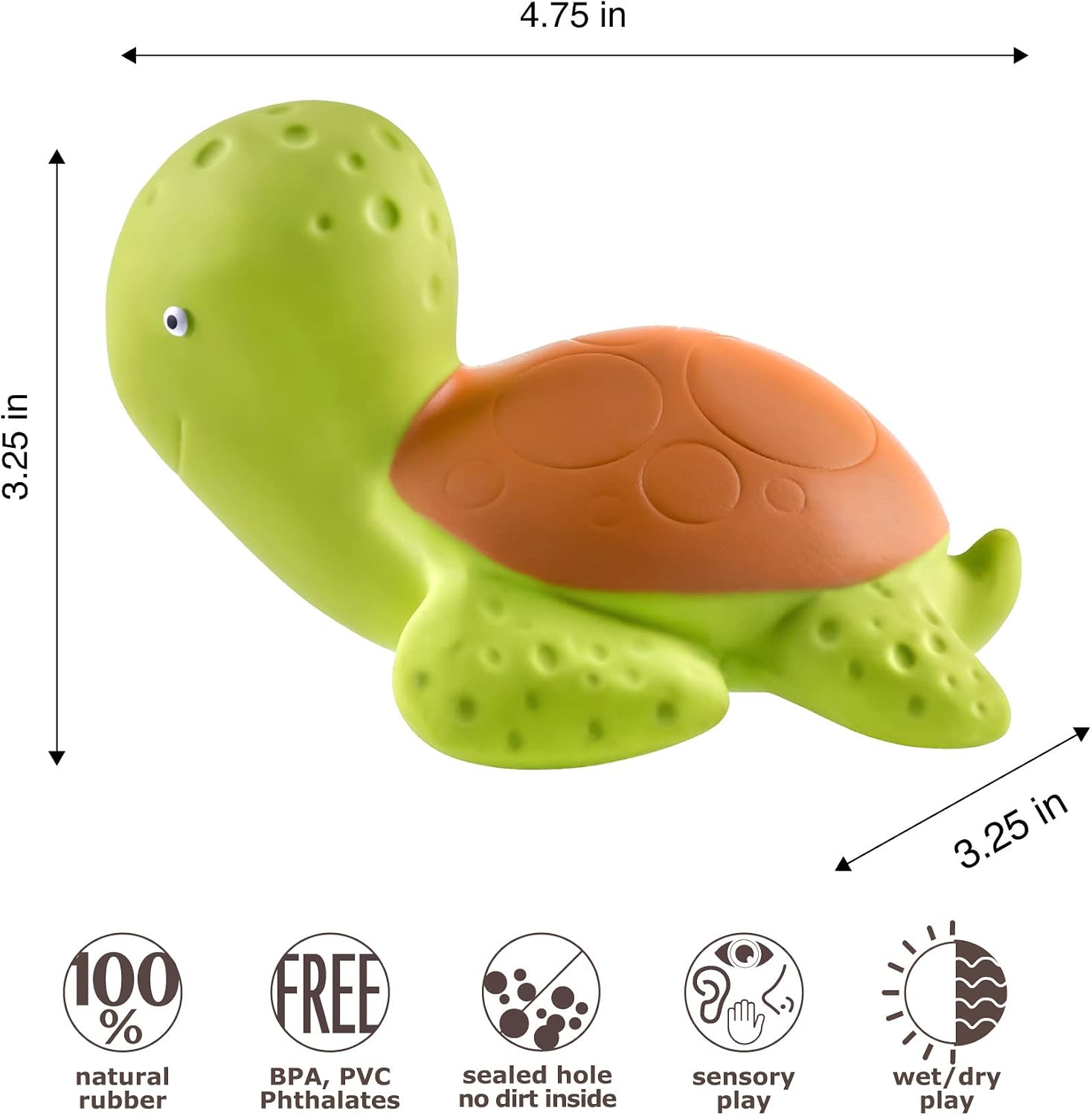 caaocho Pure Natural Rubber Baby Bath Toy - Mele The Sea Turtle - Without Holes, BPA, PVC, Phthalates Free, Textured for Sensory Play, Sealed Bath Rubber Toy, Hole Free Bathtub Toy for Babies
