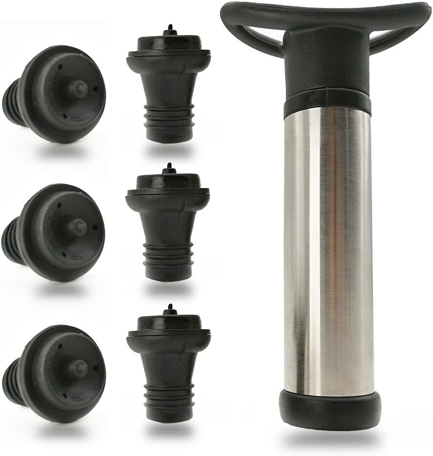 6 Pcs Wine Stoppers with 1 Vacuum Pump, Reusable Silicone Bottle Sealer Saver Preserver Set of Food Grade Material Replacement for Cork to Keep the Wine Fresh - Black