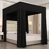 Mengersi Queen Black 4 Corner Post Bed Canopy Curtains - Breathable Light Blocking Sheer Drape for Bedroom, Mosquito Protection