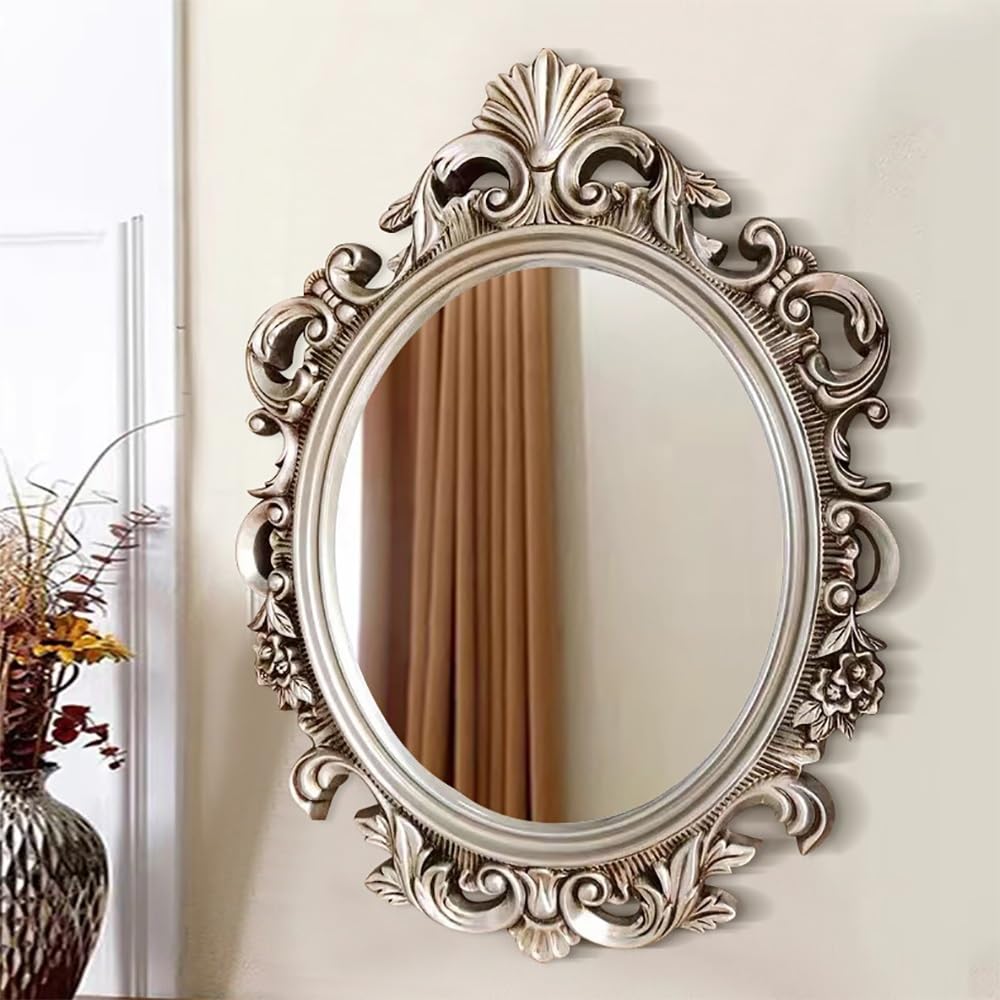 PU-Wandspiegel im Barockstil, dekorativer Wandspiegel, ovaler Spiegel mit Vintage-Goldrahmen, Badezimmer im Antikstil 70 x 93 cm (Silber, 70 x 37 Zoll)