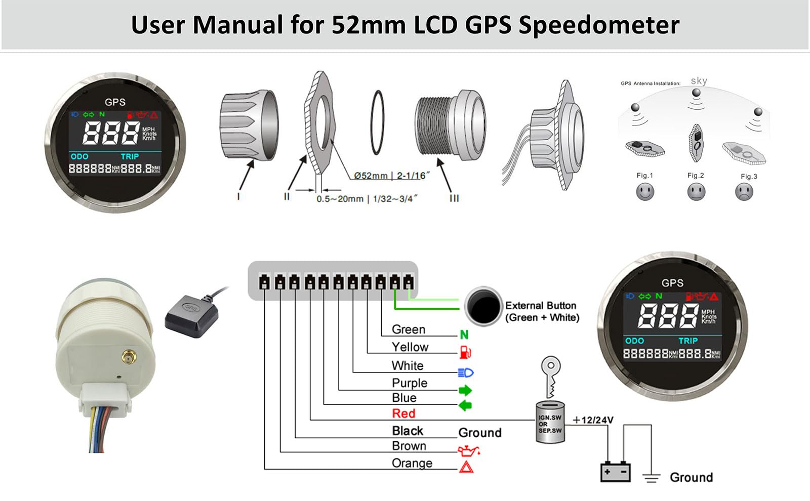 Boot GPS Tachometer 52mm Digital Entfernungsmesser Wasserdicht IP67 KMH MPH Knoten Einstellbare Tacho für Auto Motorrad LKW (Schwarz)