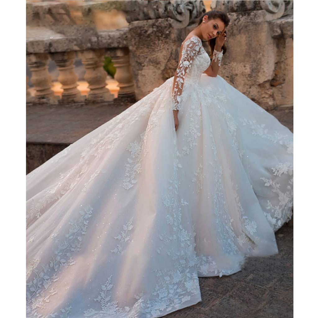 Robes de mariée Robes de mariée Robes de soirée Robes de Bal Robes de Tapis Rouge Col en V Manches Longues Cravate Tutu Jupe Dentelle Robe de mariée traînante Sexy Blanc Nouveau Longer Version 8