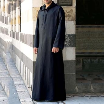 Men's Muslim Arab Caftan Long Sleeve Button Up Long Gown Drawstring Cotton Linen Hooded Muslim Robe Mens Clothing