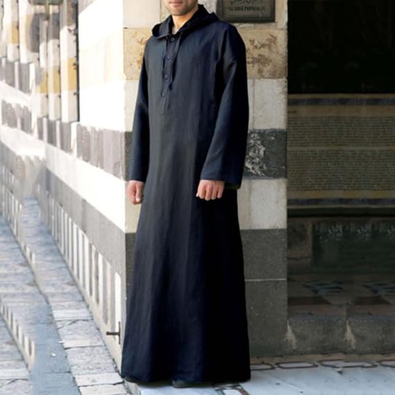 Men's Muslim Arab Caftan Long Sleeve Button Up Long Gown Drawstring Cotton Linen Hooded Muslim Robe Mens Clothing