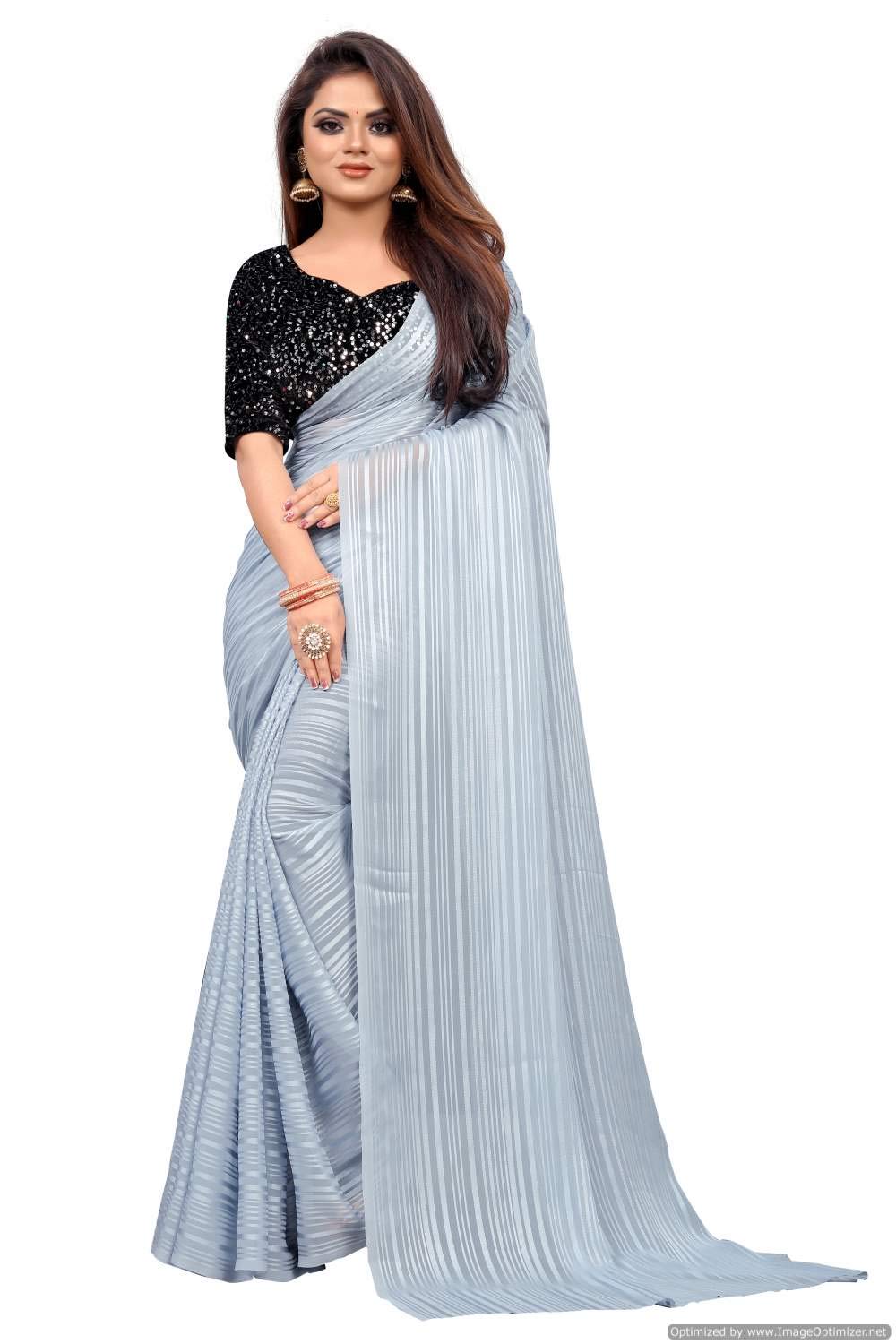 Kuvarba FashionWomen's Georgette Solid Saree with Sequence Blouse Piece (Black)