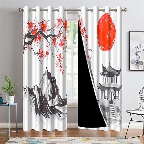 Cortinas opacas japonesas con diseño de torre de cerezo, monte Fuji, cortinas de ventana para dormitorio, sala de estar, cocina, estilo asiático,