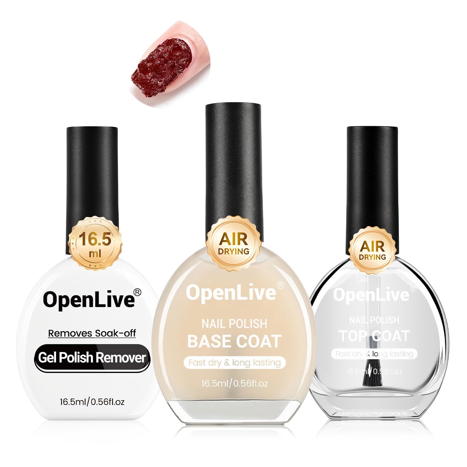 OpenLive 3PCS 16.5ml Quick Dry Base and Top Coat Nail Polish and Gel Remover Set, Base and Top Coat No U V Lamp Curing, Gel Polish Remover for Quick