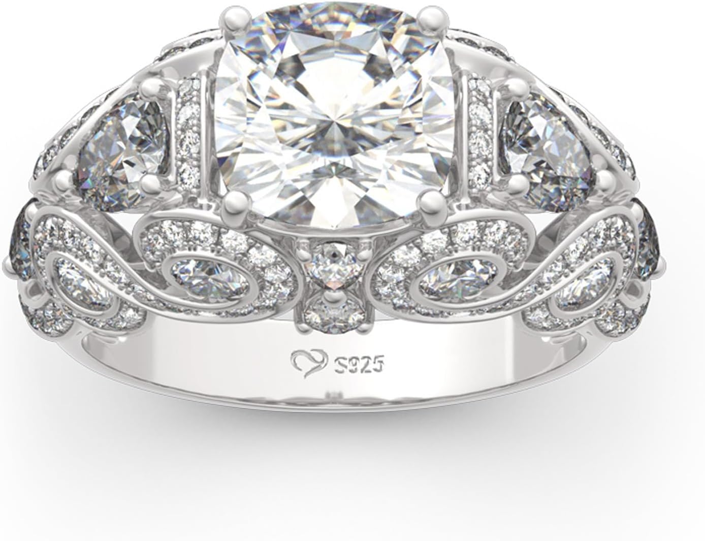 Jeulia Vintage Lace Design Cushion Cut Sterling Silver Ring Cubic Zirconia CZ Engagement Anniversary Eternity Promise Wedding Band Ring for Women