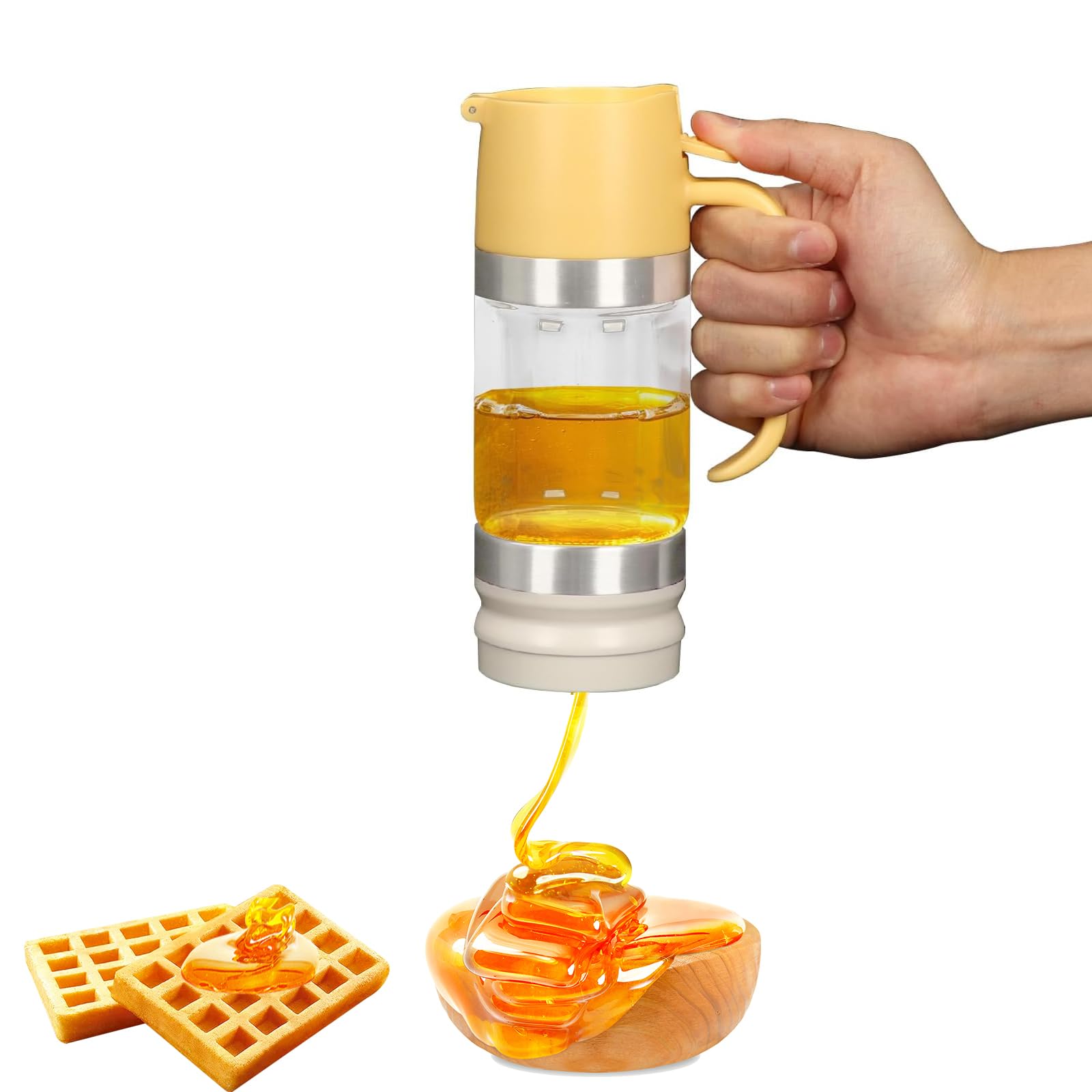 Guanici Distributeur Miel 11 Oz Verre Jaune - Doseur Pression Anti-Gouttes Pour Miel, Sirop D'Érable & Sauce