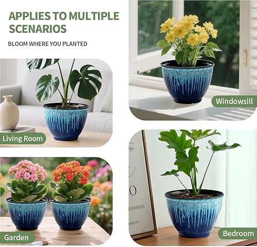 Miniatura 7 de Macetas de plástico de 8 pulgadas para plantas, juego de 4 macetas para plantas de interior y exterior con agujero de drenaje, elegante maceta