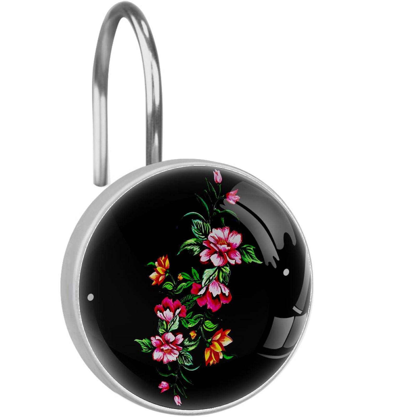 Crochets rideau de douche design floral tropical noir en finition haut de gamme