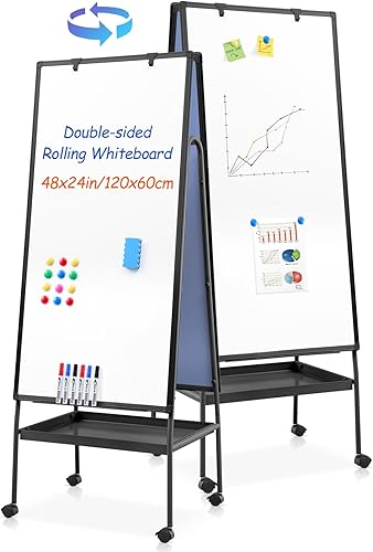 Miniatura 12 de MAKELLO Pizarra blanca rodante con ruedas 60x48 pulgadas, pizarra grande de borrado en seco con soporte, pizarra blanca magnética de doble cara para