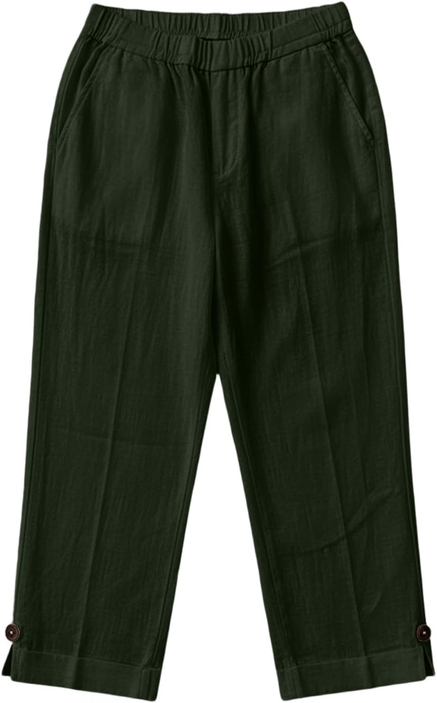 Straight Leg Capri Pants Womens Casual Summer Cotton Stretch Waist Pant Loose Comfy Beach Capris Slacks with Pockets