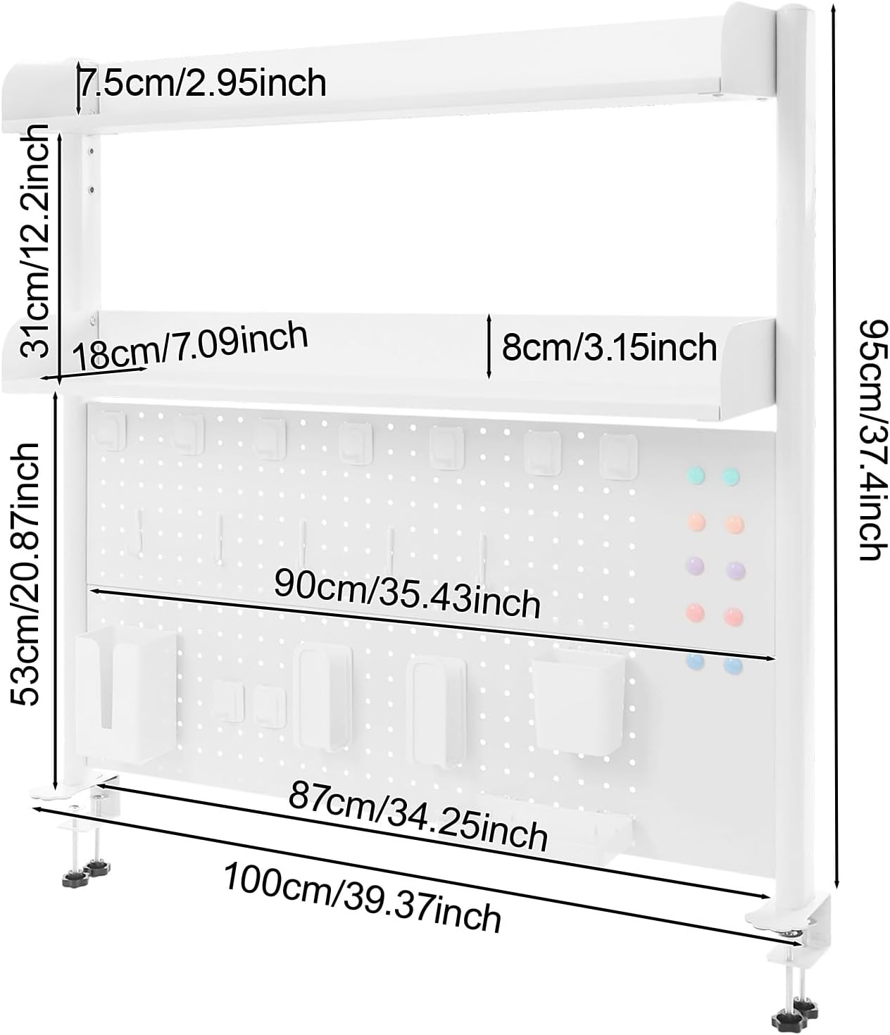 Clamp on Desk Organizer Shelf with Pegboard, Multipurpose Desktop Hutch Desk Bookshelf Desktop Bookcase Storage Rack Display Shelf for Home Office Dorm, Study Rooms, Bedrooms (White)