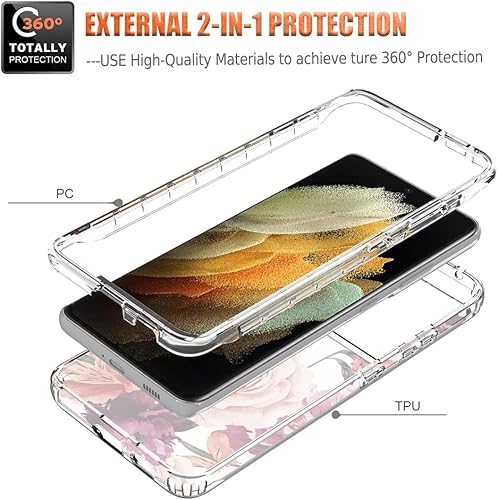 Miniatura 3 de Funda para Galaxy S21 Ultra, SM-G998U con protector de pantalla de vidrio templado, diseño floral a prueba de golpes, funda protectora de cuerpo
