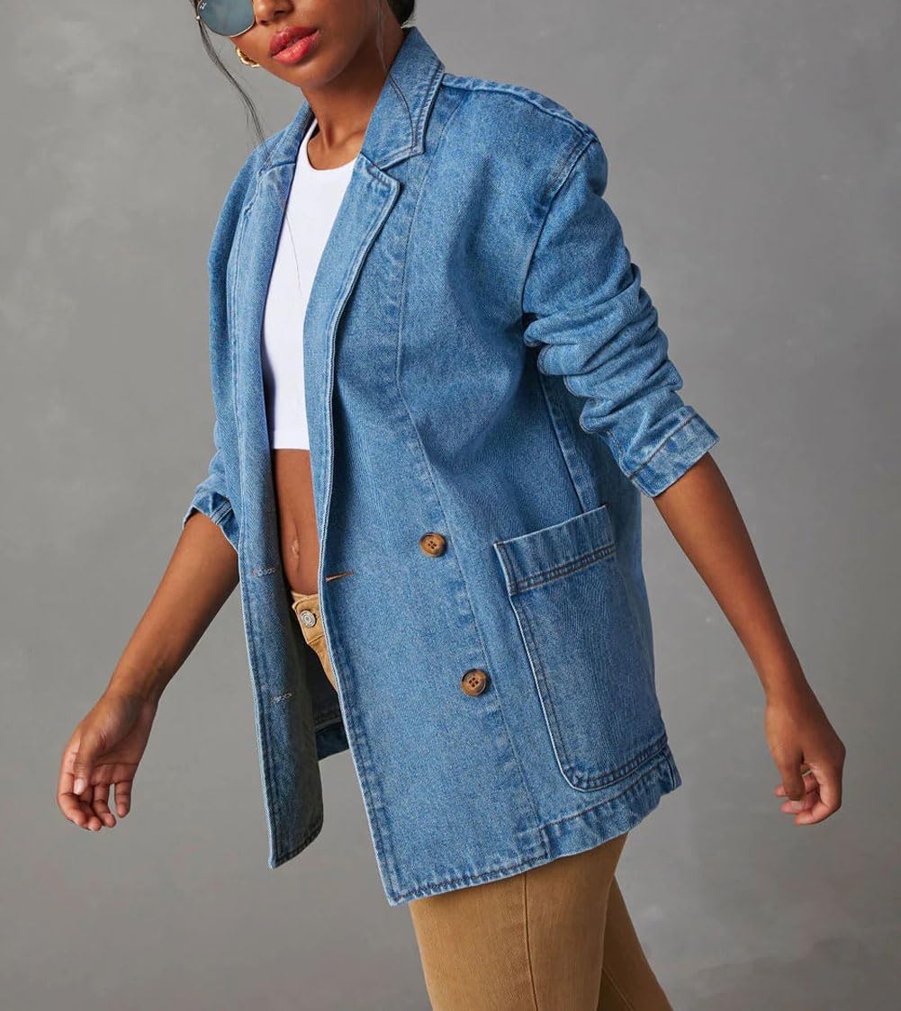 chouyatou Women's Fall Business Casual Denim Blazer Suit Loose Office Boyfriend Jean Jacket