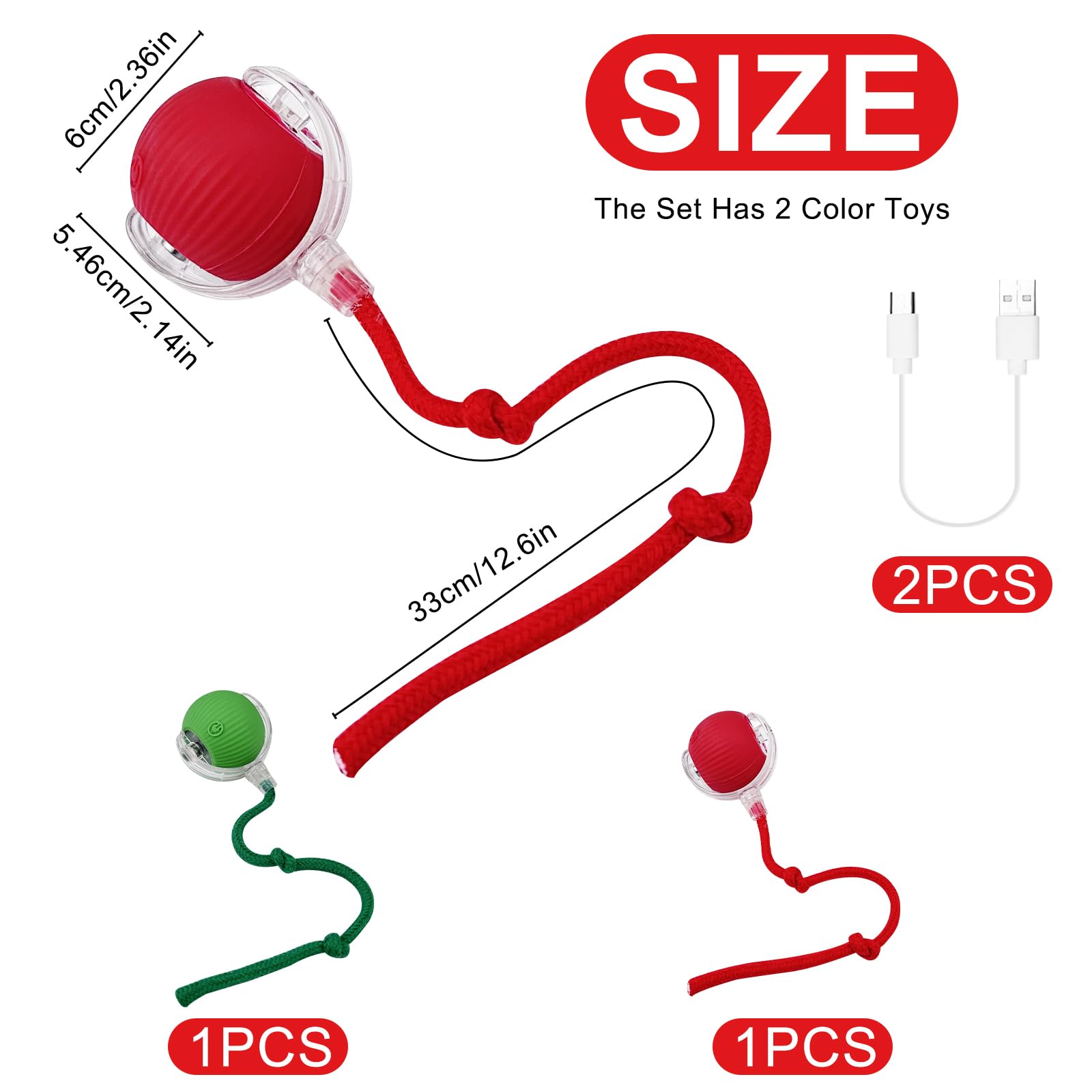 WinGlue 2 Piezas Juguete Interactivo para Gatos, Pelota Eléctrica, Cat Toy Ball, Interactiva Rolling Ball, Automático (Rojo+Verde)