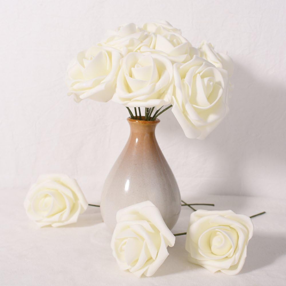 Febou Artificial Flowers, 100pcs Real Touch Artificial Foam Roses Decoration DIY for Wedding Bridesmaid Bridal Bouquets Centerpieces, Party Decoration, Home Display (Concise Type, Ivory)