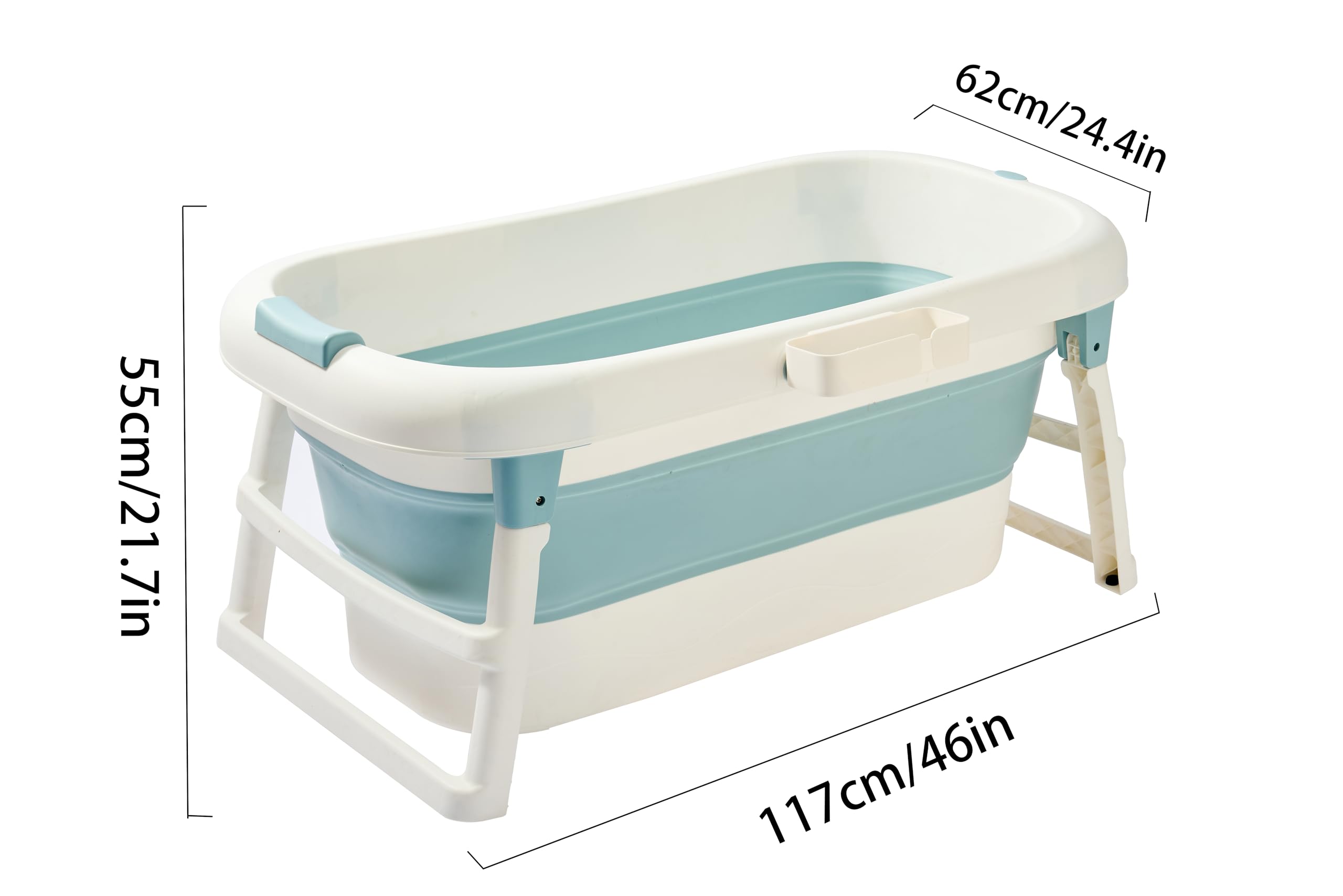 Bañera móvil plegable para adultos Vikbart para baño, ducha y balcón | Perfecto para baños pequeños con jabonera, almohada para el cuello, práctica y portátil (117, azul)