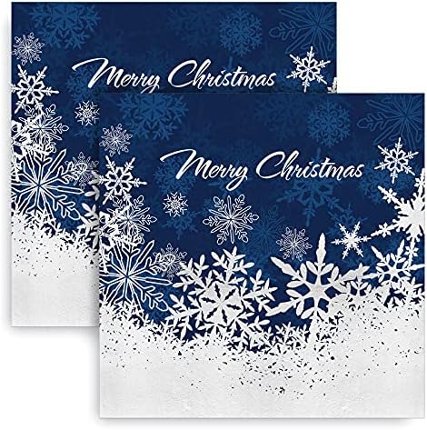 Whaline Christmas Paper Napkins Foil Silver Snowflake Cocktail Napkins 80 Pack Disposable Navy Blue White Party Beverage Napkins for Christmas New Year Winter Holiday Dinner Party Supplies, 6.5 x 6.5"