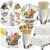 APOWBLS Cat Birthday Party Supplies - Kitten Cat Party Decorations Tableware, Paper Plates, Cups, Napkins, Tablecloth, Cutlery, Straw, Kitten Table Decorations | Serves 24